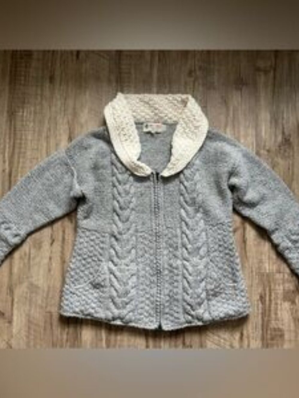 Inkas World handmade wool Cozy Gray cream Cable Knit zip up Sweater fair trade